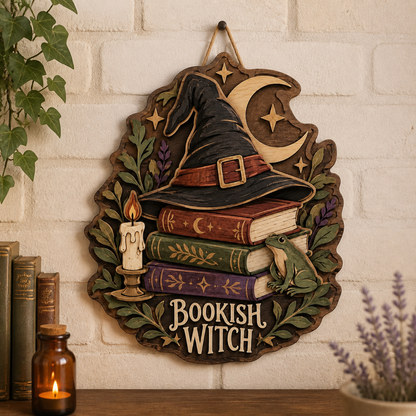 Bookish Witch Wall Decor, Book Witch Wood Sign, Spell Book Wooden Sign