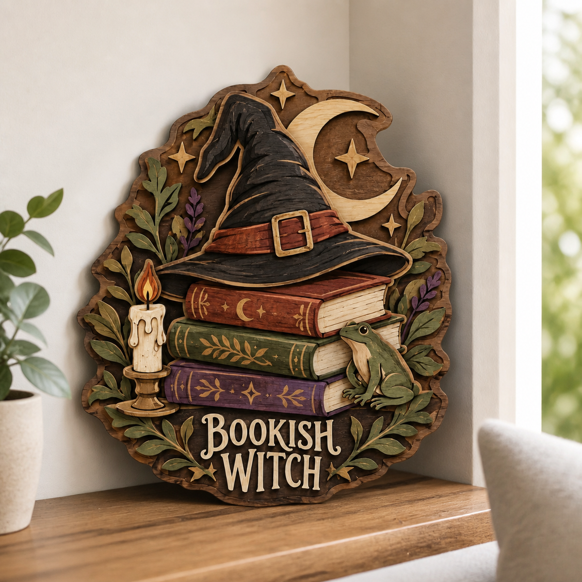 Bookish Witch Wall Decor, Book Witch Wood Sign, Spell Book Wooden Sign