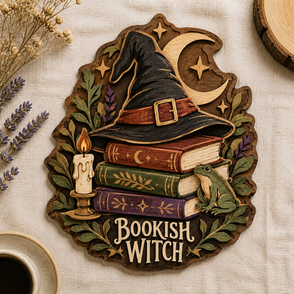 Bookish Witch Wall Decor, Book Witch Wood Sign, Spell Book Wooden Sign