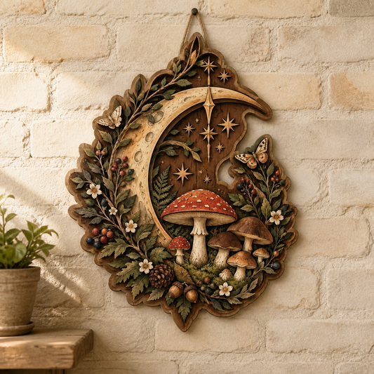 Moon And Mushroom Wood Sign, Woodland Decor, Celestial Moon Plaque