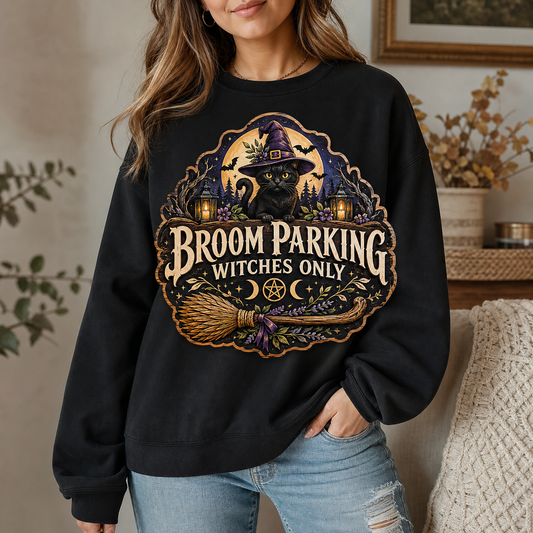 Halloween Broom Parking Sign Witches Only Wooden Wall Black Cat Purple Witch Hat Decor