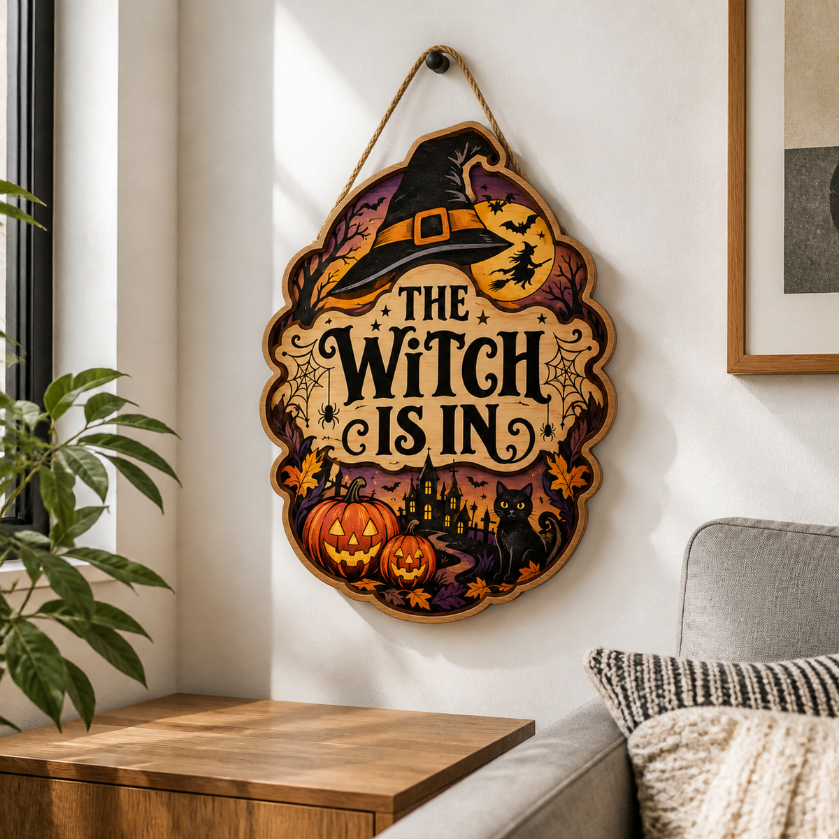 The Witch Is In Wooden Sign Halloween Door Hanger With Witch Hat & Black Cat