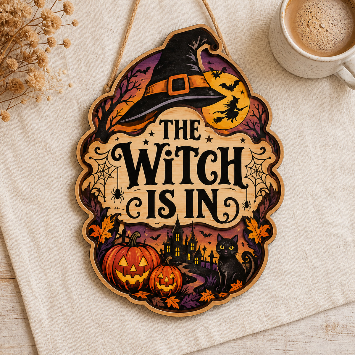 The Witch Is In Wooden Sign Halloween Door Hanger With Witch Hat & Black Cat