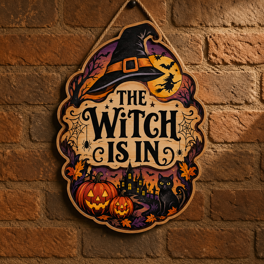 The Witch Is In Wooden Sign Halloween Door Hanger With Witch Hat & Black Cat