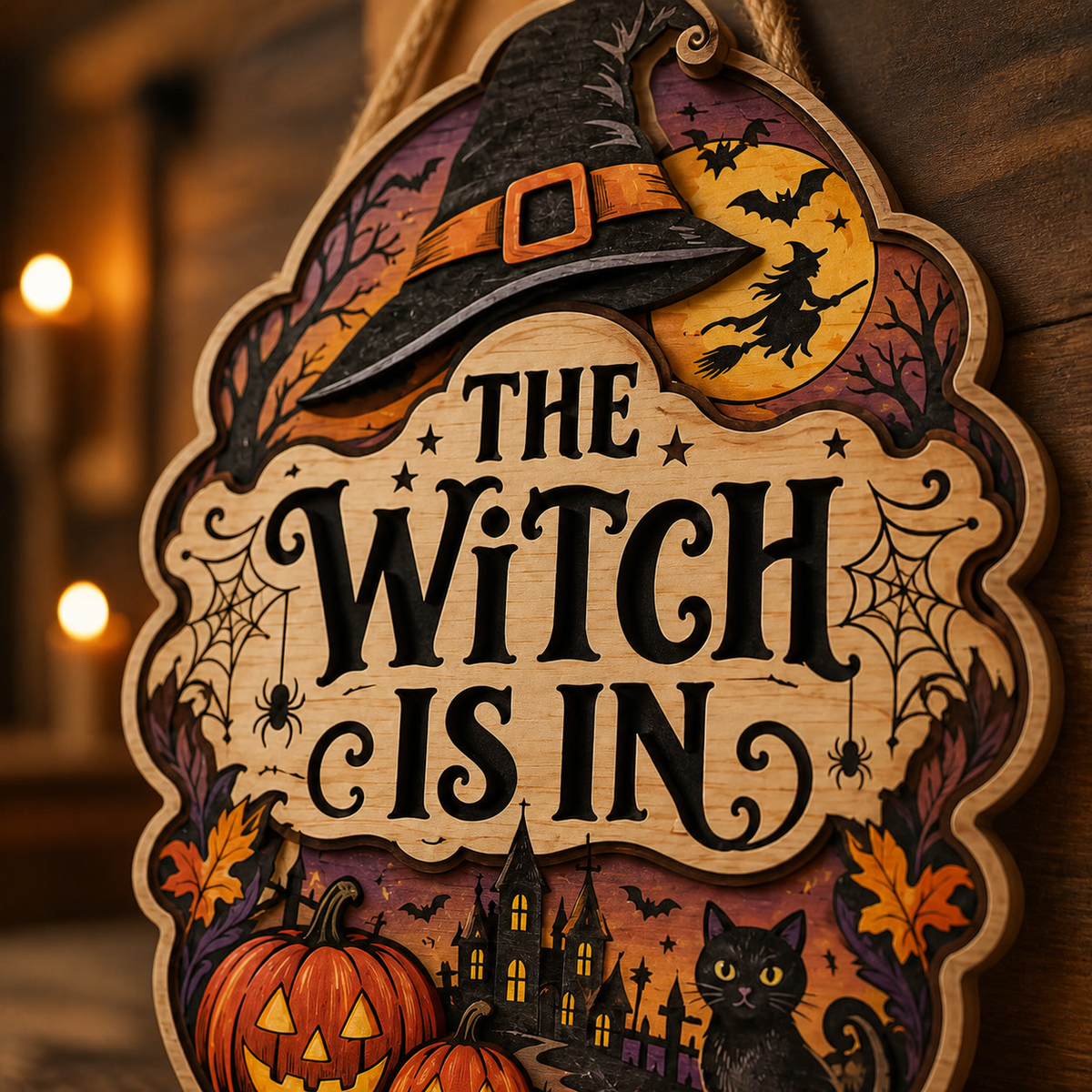 The Witch Is In Wooden Sign Halloween Door Hanger With Witch Hat & Black Cat