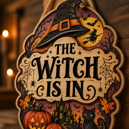The Witch Is In Wooden Sign Halloween Door Hanger With Witch Hat & Black Cat