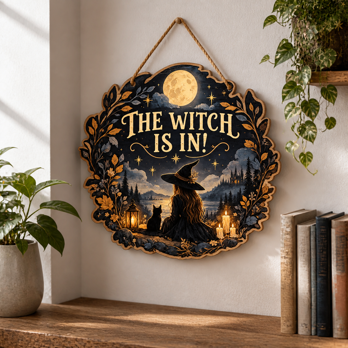 The Witch Is In Wooden Sign, Halloween Witch & Cat Moonlit Lake Castle Wall Decor