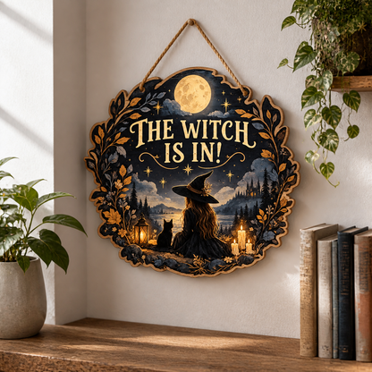 The Witch Is In Wooden Sign, Halloween Witch & Cat Moonlit Lake Castle Wall Decor