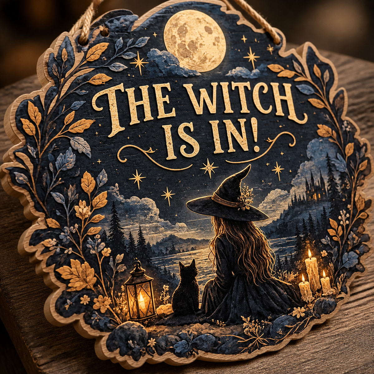 The Witch Is In Wooden Sign, Halloween Witch & Cat Moonlit Lake Castle Wall Decor