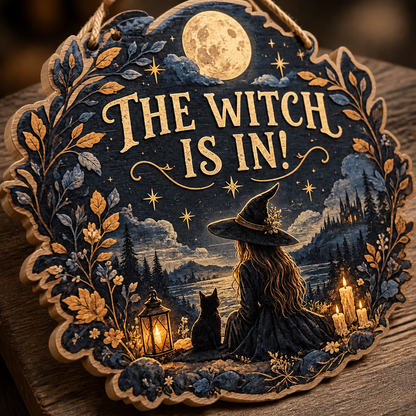 The Witch Is In Wooden Sign, Halloween Witch & Cat Moonlit Lake Castle Wall Decor