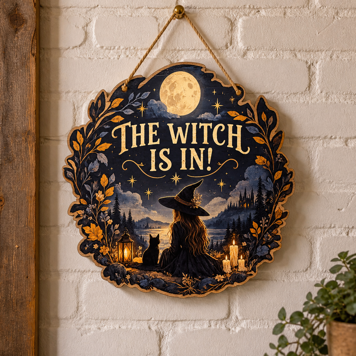 The Witch Is In Wooden Sign, Halloween Witch & Cat Moonlit Lake Castle Wall Decor