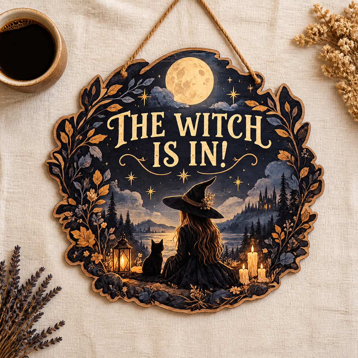 The Witch Is In Wooden Sign, Halloween Witch & Cat Moonlit Lake Castle Wall Decor