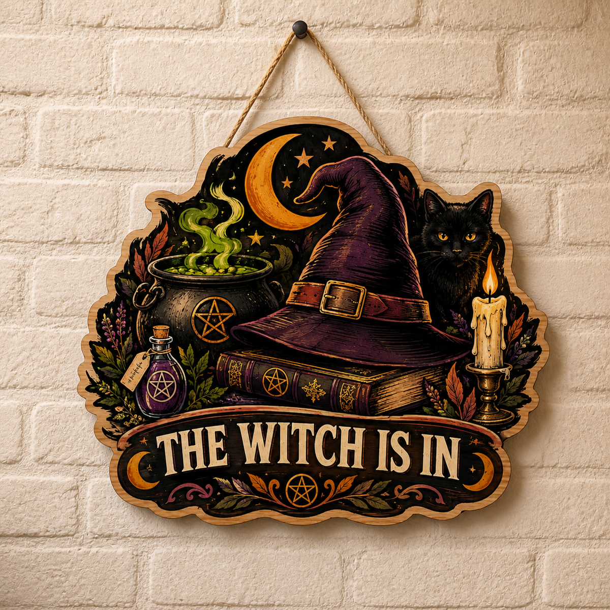 The Witch Is In Wooden Sign, Halloween Decor With Purple Witch Hat, Black Cat, Bubbling Cauldron Potion