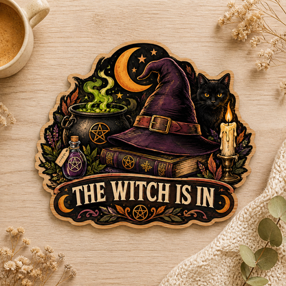The Witch Is In Wooden Sign, Halloween Decor With Purple Witch Hat, Black Cat, Bubbling Cauldron Potion