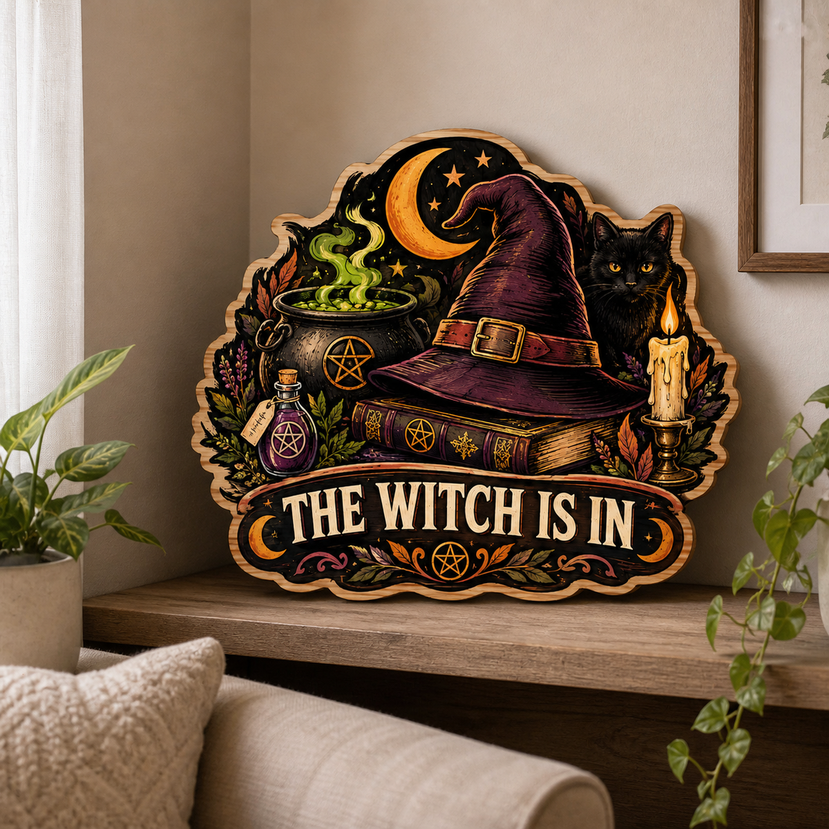 The Witch Is In Wooden Sign, Halloween Decor With Purple Witch Hat, Black Cat, Bubbling Cauldron Potion