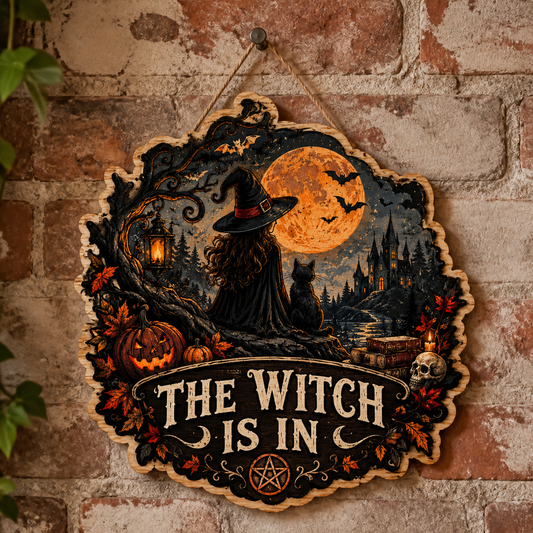 The Witch Is In Wooden Sign, Witch Cat Gazing Moonlit Castle, Gothic Books Skull Halloween Door Hanger