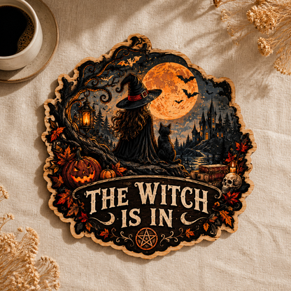 The Witch Is In Wooden Sign, Witch Cat Gazing Moonlit Castle, Gothic Books Skull Halloween Door Hanger