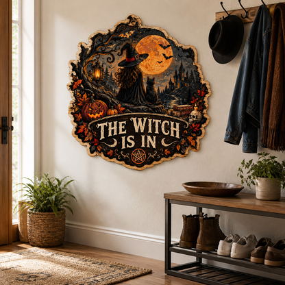 The Witch Is In Wooden Sign, Witch Cat Gazing Moonlit Castle, Gothic Books Skull Halloween Door Hanger