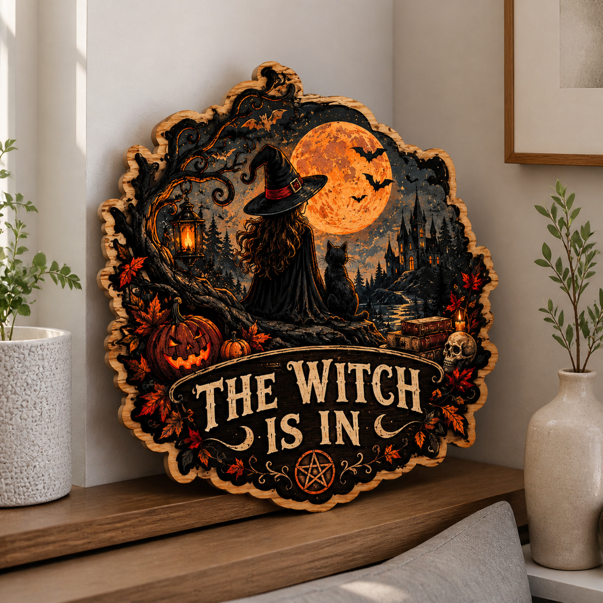 The Witch Is In Wooden Sign, Witch Cat Gazing Moonlit Castle, Gothic Books Skull Halloween Door Hanger