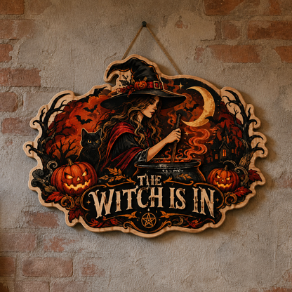 The Witch Is In Wooden Sign, Stirring Cauldron Witch & Black Cat Door Hanger