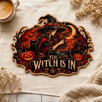 The Witch Is In Wooden Sign, Stirring Cauldron Witch & Black Cat Door Hanger