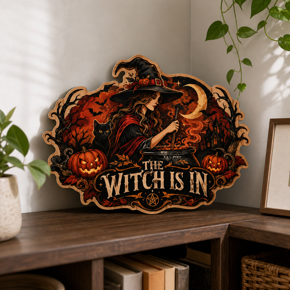 The Witch Is In Wooden Sign, Stirring Cauldron Witch & Black Cat Door Hanger