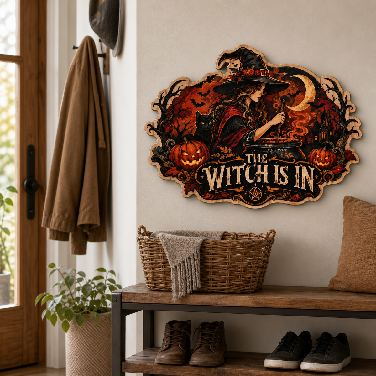 The Witch Is In Wooden Sign, Stirring Cauldron Witch & Black Cat Door Hanger
