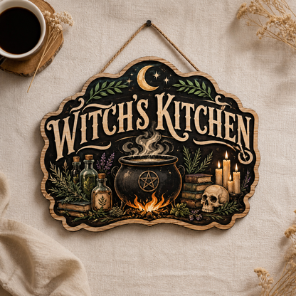 Witch's Kitchen Wooden Sign, Halloween Decor, Cauldron Skull Apothecary Door Hanger