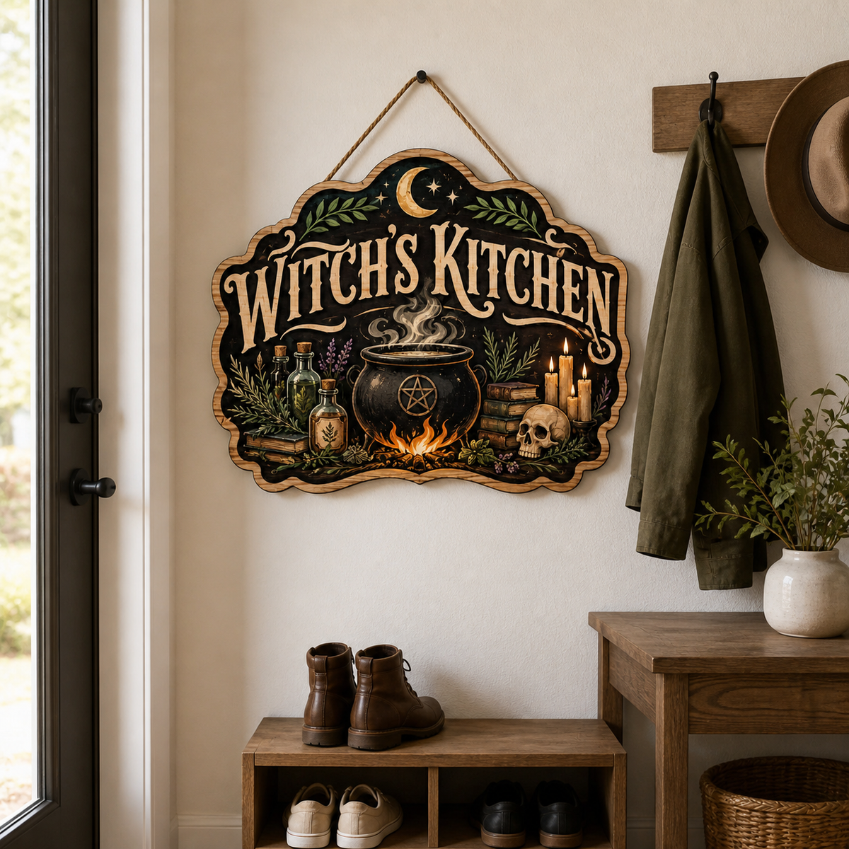 Witch's Kitchen Wooden Sign, Halloween Decor, Cauldron Skull Apothecary Door Hanger
