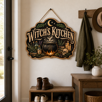 Witch's Kitchen Wooden Sign, Halloween Decor, Cauldron Skull Apothecary Door Hanger