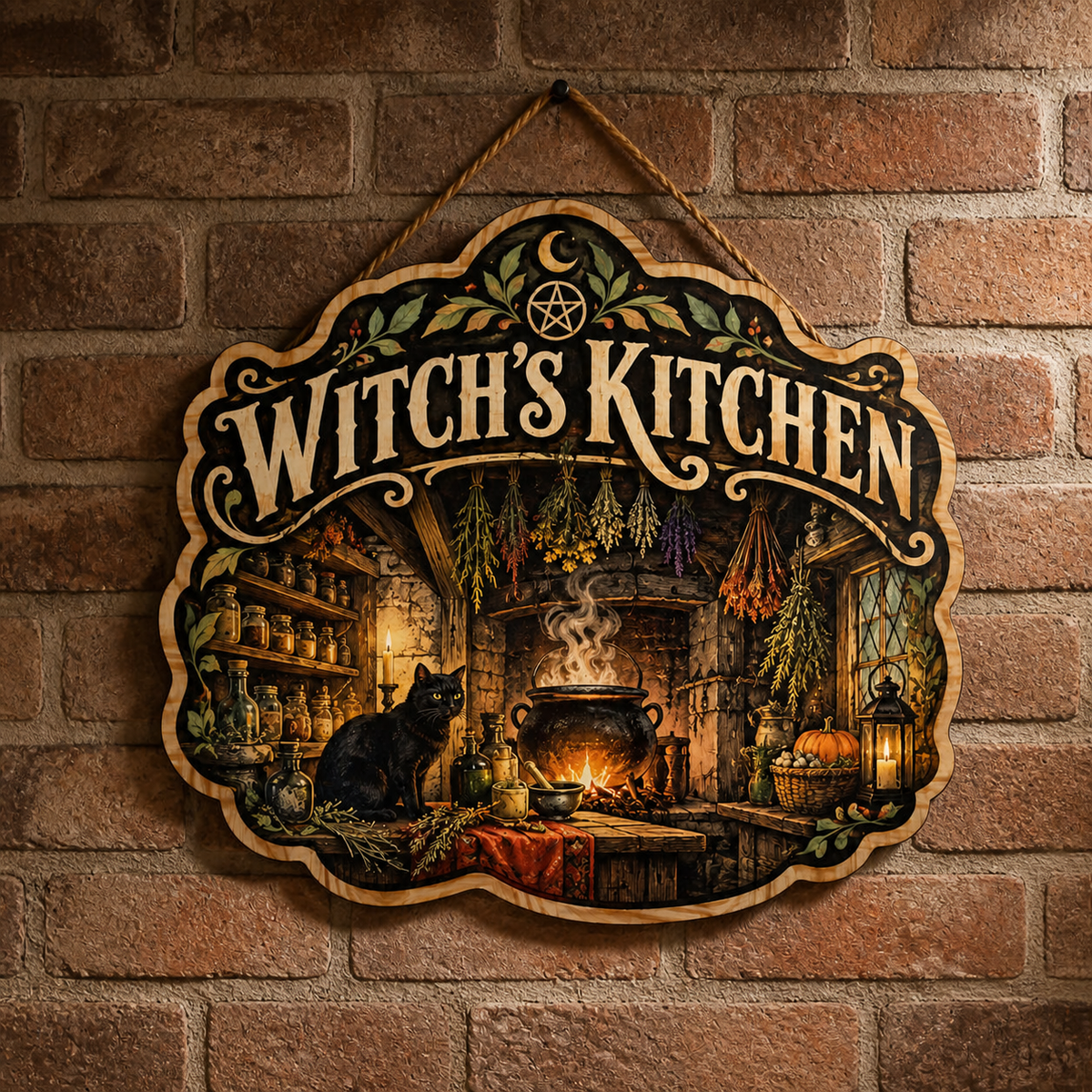 Witch's Kitchen Wooden Sign Black Cat Hanging Herbs Halloween Decor Apothecary