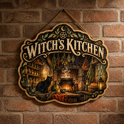 Witch's Kitchen Wooden Sign Black Cat Hanging Herbs Halloween Decor Apothecary