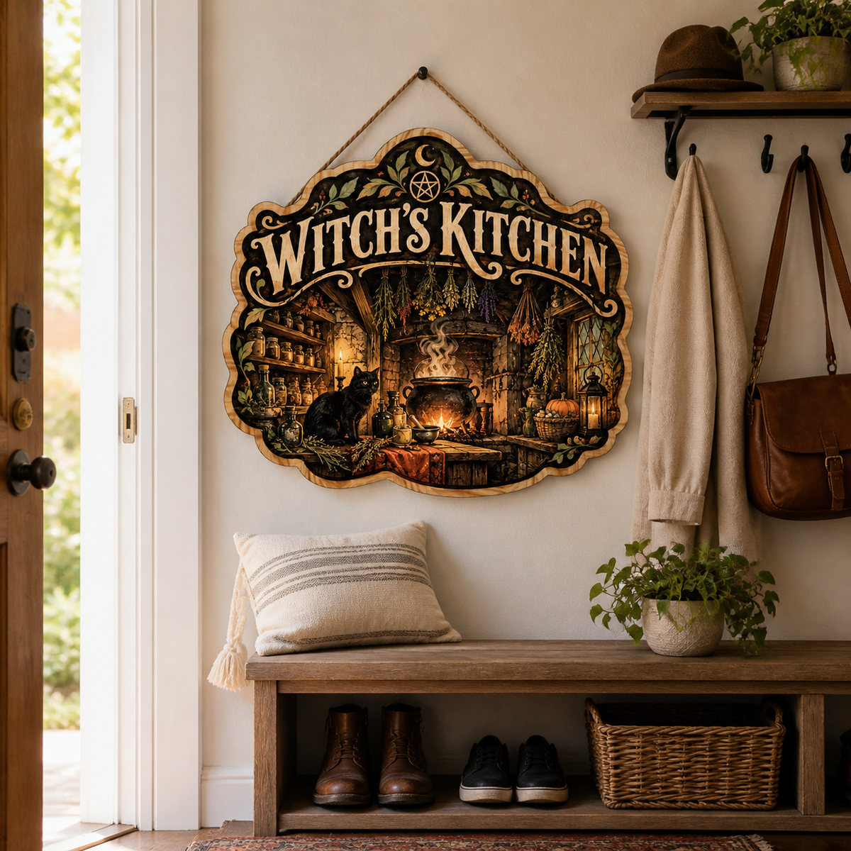 Witch's Kitchen Wooden Sign Black Cat Hanging Herbs Halloween Decor Apothecary
