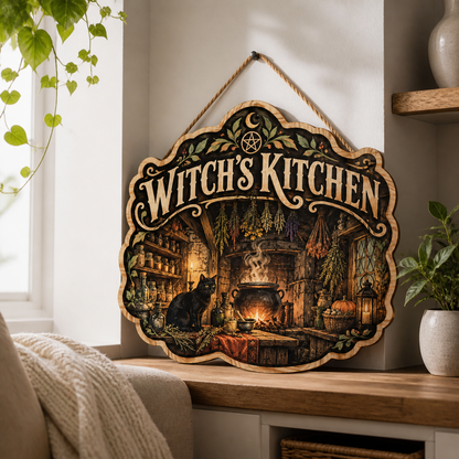 Witch's Kitchen Wooden Sign Black Cat Hanging Herbs Halloween Decor Apothecary