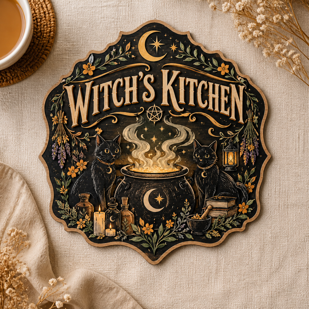 Witch's Kitchen Wooden Sign Twin Black Cats Cauldron Door Hanger