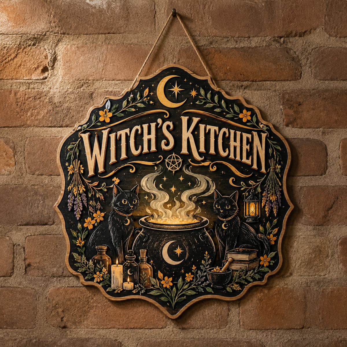 Witch's Kitchen Wooden Sign Twin Black Cats Cauldron Door Hanger