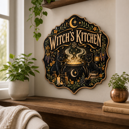 Witch's Kitchen Wooden Sign Twin Black Cats Cauldron Door Hanger