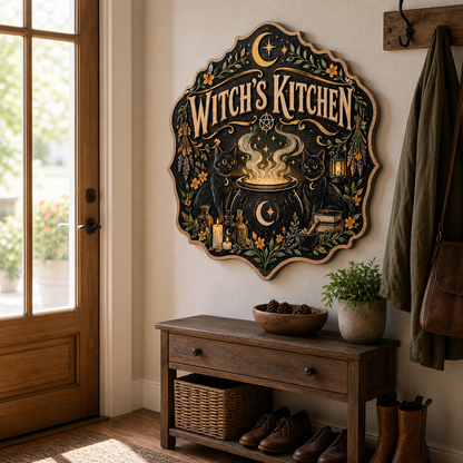 Witch's Kitchen Wooden Sign Twin Black Cats Cauldron Door Hanger