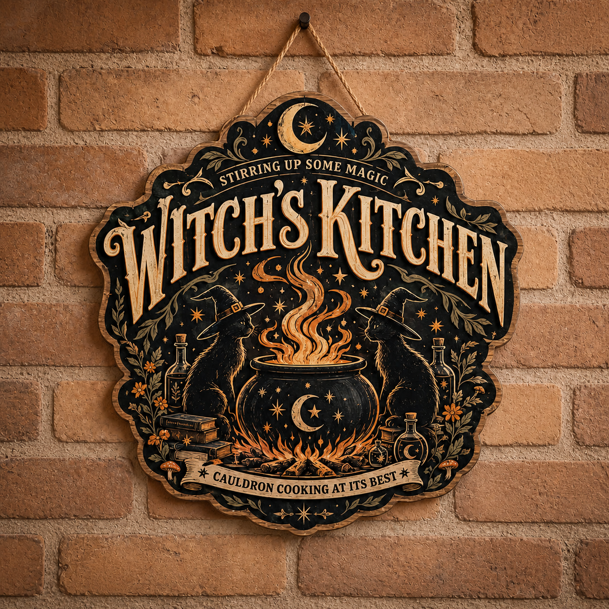 Witch'S Kitchen Wooden Sign Cauldron Cooking At Its Best Door Hanger