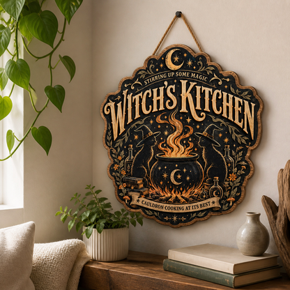 Witch'S Kitchen Wooden Sign Cauldron Cooking At Its Best Door Hanger