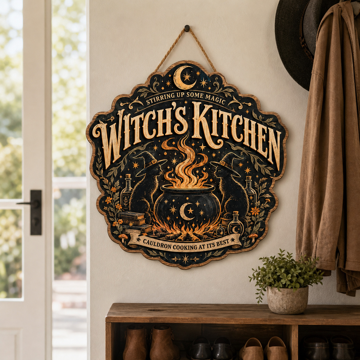 Witch'S Kitchen Wooden Sign Cauldron Cooking At Its Best Door Hanger