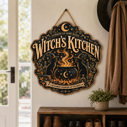 Witch'S Kitchen Wooden Sign Cauldron Cooking At Its Best Door Hanger