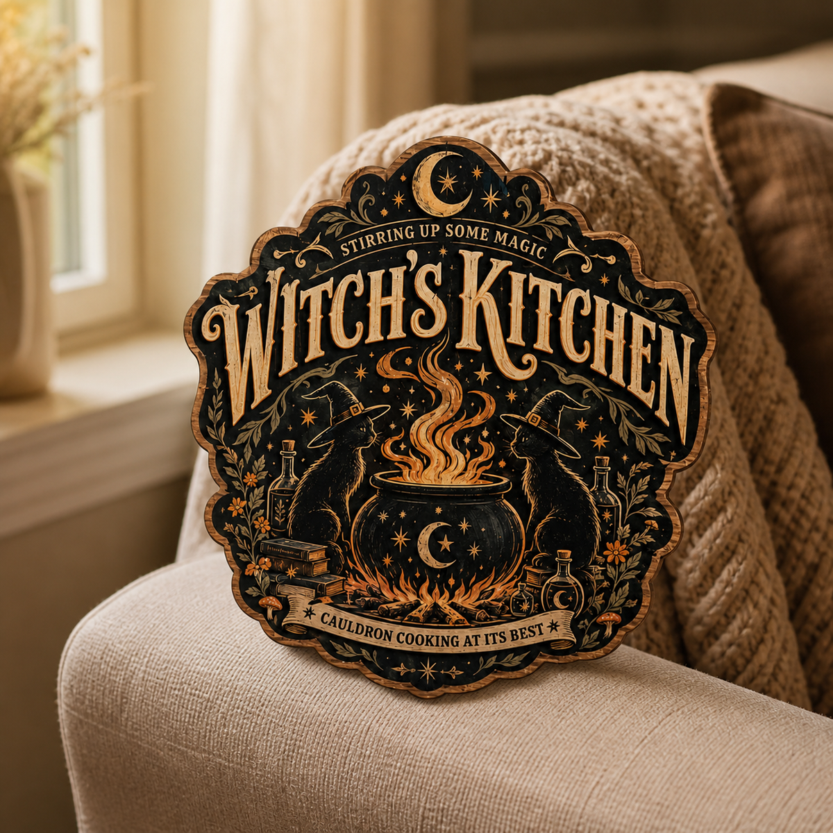 Witch'S Kitchen Wooden Sign Cauldron Cooking At Its Best Door Hanger