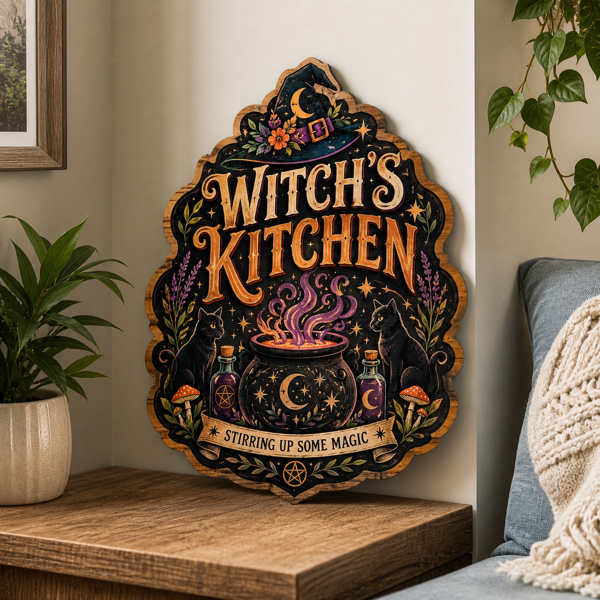 Witch'S Kitchen Wooden Sign, Purple Steam Stirring Up Some Magic Decor