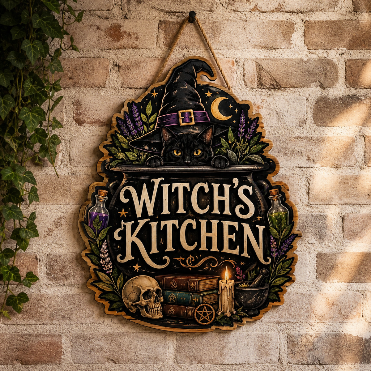 Witch'S Kitchen Wooden Sign, Peeking Black Cat In Cauldron Door Hanger