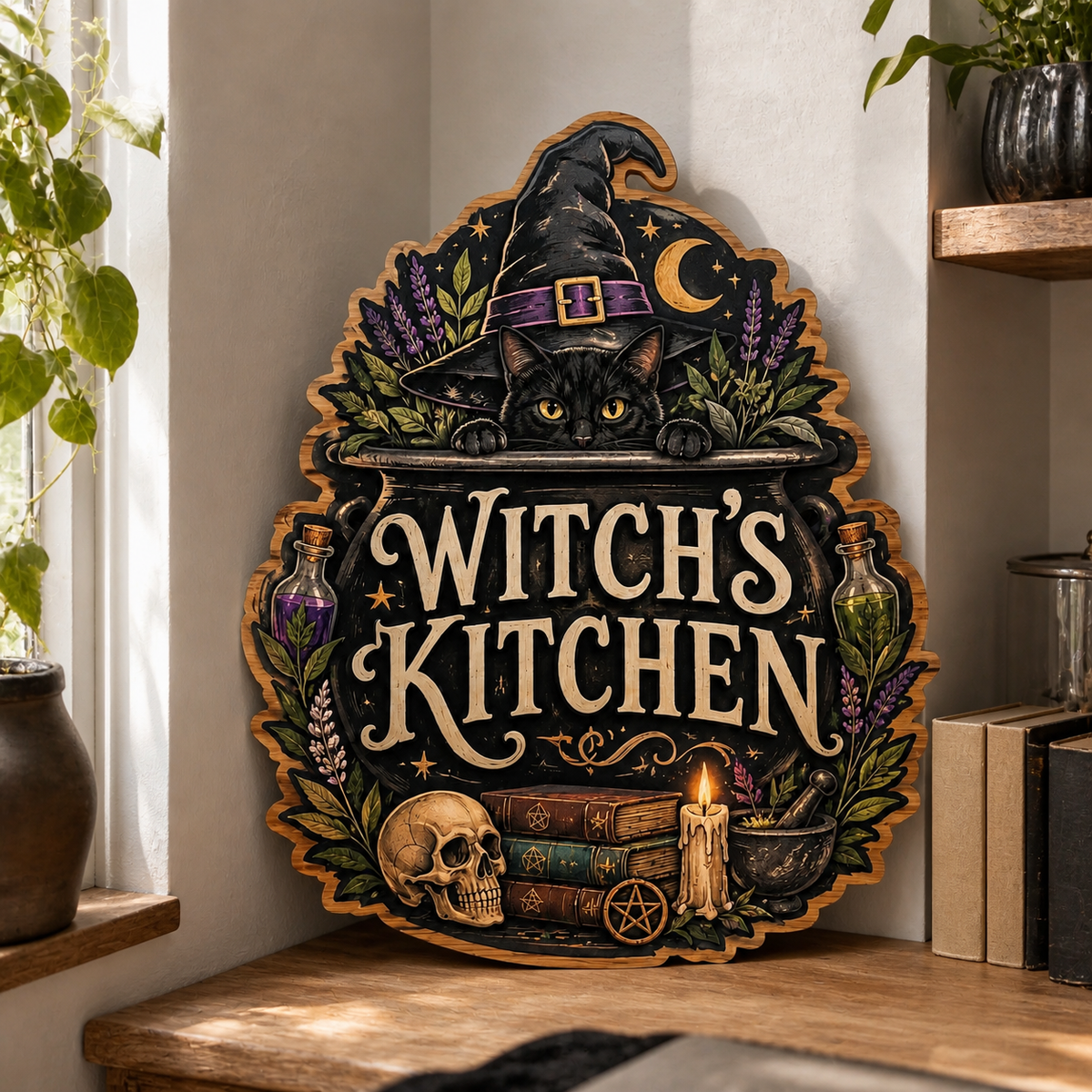 Witch'S Kitchen Wooden Sign, Peeking Black Cat In Cauldron Door Hanger