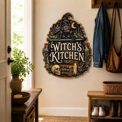 Witch'S Kitchen Wooden Sign, Peeking Black Cat In Cauldron Door Hanger
