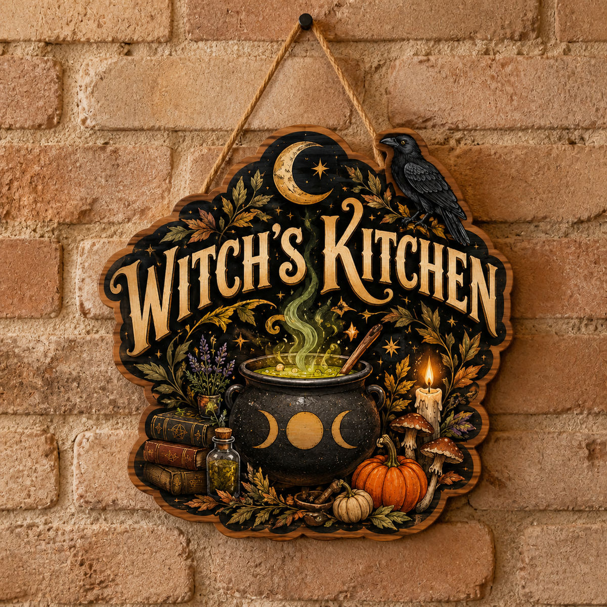 Witch'S Kitchen Wooden Sign, Raven Cauldron Door Hanger, Halloween Pumpkin Mushroom Decor