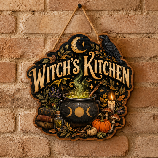 Witch'S Kitchen Wooden Sign, Raven Cauldron Door Hanger, Halloween Pumpkin Mushroom Decor