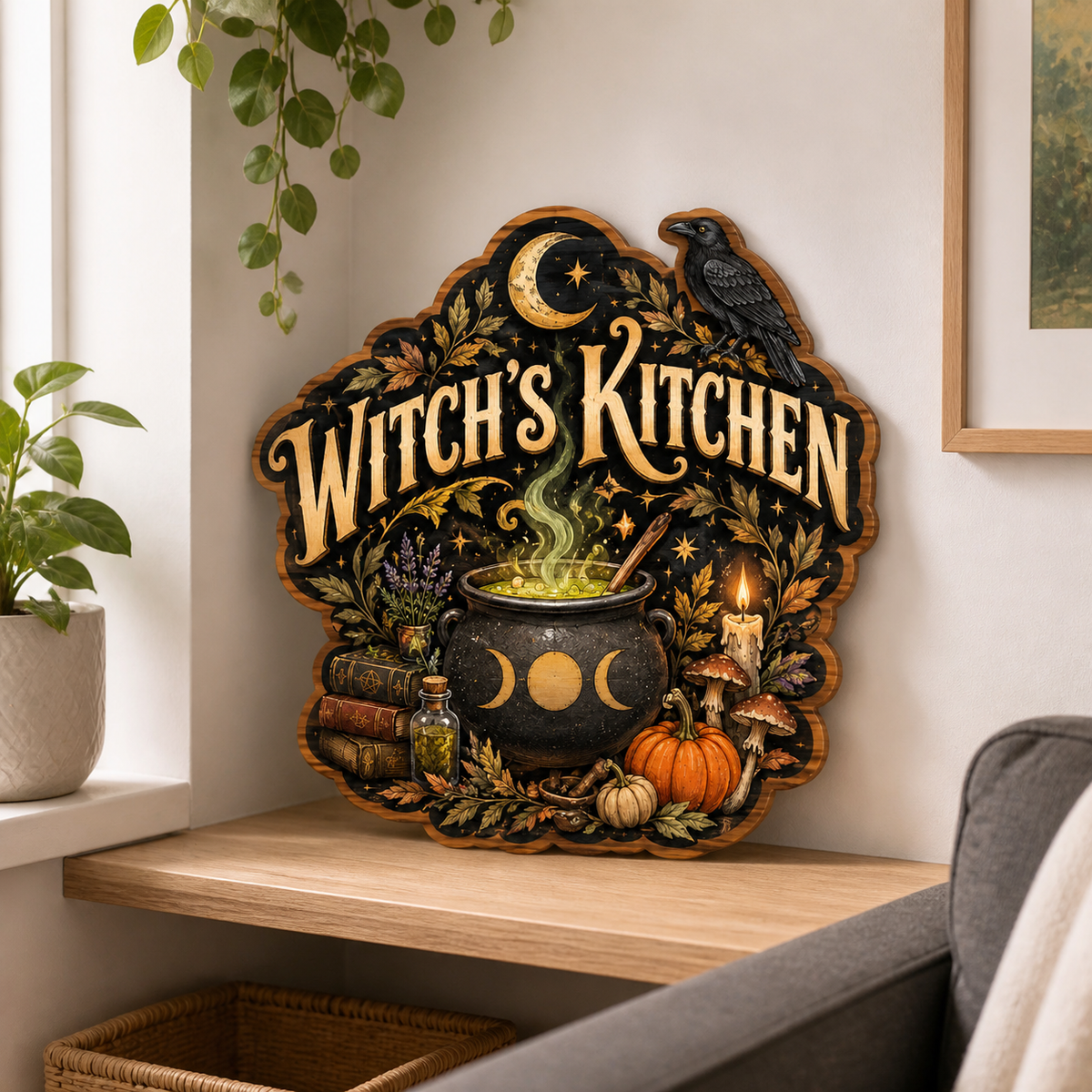 Witch'S Kitchen Wooden Sign, Raven Cauldron Door Hanger, Halloween Pumpkin Mushroom Decor